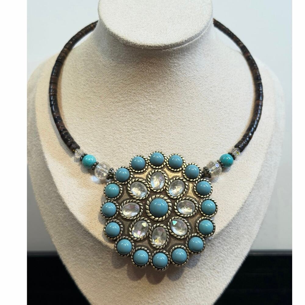 Boho Turquoise Concho Medallion Choker Wood Bead Necklace